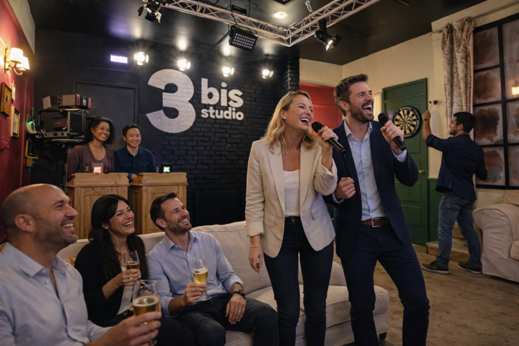 Photo d’un team-building au LE 3BIS : dans un espace cosy aménagé comme un studio, deux collègues debout chantent au karaoké avec des micros, en riant, sous des projecteurs. Autour d’eux, leurs coéquipiers sont installés sur des canapés, verres de bière à la main, souriants et complices. À l’arrière-plan, le logo « 3 bis studio » est visible sur un mur en briques noires, avec une ambiance chaleureuse mêlant éclairage de scène, décor ludique et esprit convivial.